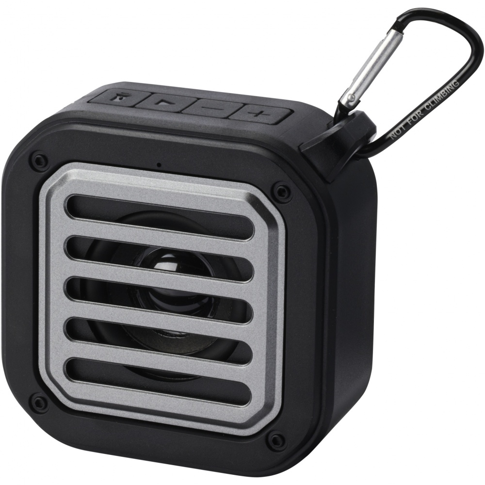 Logo trade promotional gifts picture of: Solo 3W IPX5 RCS recycled plastic solar Bluetooth® speaker with carabiner 