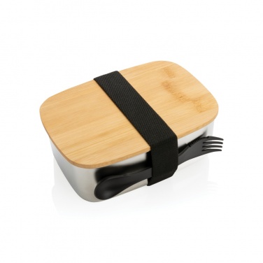 Logo trade business gifts image of: Stainless steel lunchbox with bamboo lid and spork