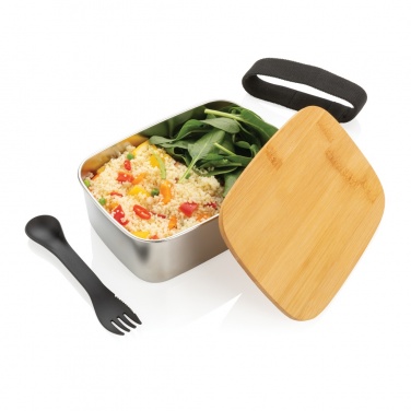 Logo trade promotional gifts image of: Stainless steel lunchbox with bamboo lid and spork