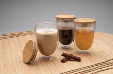 Logo trade promotional items picture of: Double wall borosilicate glass with bamboo lid 350ml 2pc set