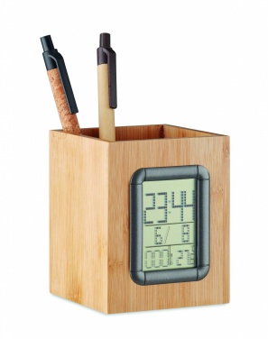 Logo trade business gift photo of: Bamboo pen holder and LCD clock