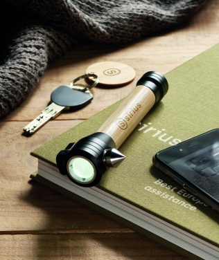 Logo trade promotional merchandise picture of: 3-in-1 bamboo flashlight with an emergency hammer and seatbelt cutter