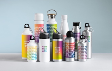 Logo trade advertising product photo of: Single-walled 500 ml aluminum bottle with a PP cap and a silicone strap