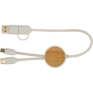 Logotrade promotional item image of: Chechia 5-in-1 recycled plastic 30 cm data sync and 27W fast charge cable with bamboo details