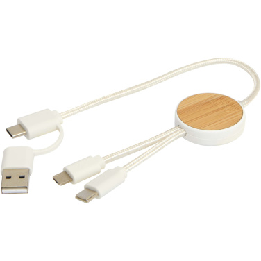 Logotrade promotional gift image of: Chechia 5-in-1 recycled plastic 30 cm data sync and 27W fast charge cable with bamboo details