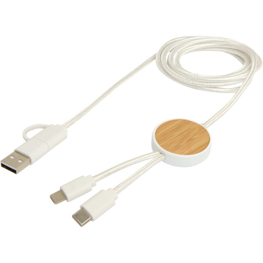 Logotrade advertising products photo of: Chechia 5-in-1 recycled plastic 150 cm data sync and 27W fast charge cable with bamboo details