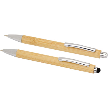 Logo trade promotional merchandise image of: Oblys bamboo ballpoint pen and mechanical pencil set (black ink)