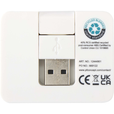 Logotrade firminės dovanos nuotrauka: „Gaia“ 4 prievadų USB šakotuvas su USB-A ir C tipo išvestimis bei dviguba įvestimi – pagamintas iš perdirbto plastiko